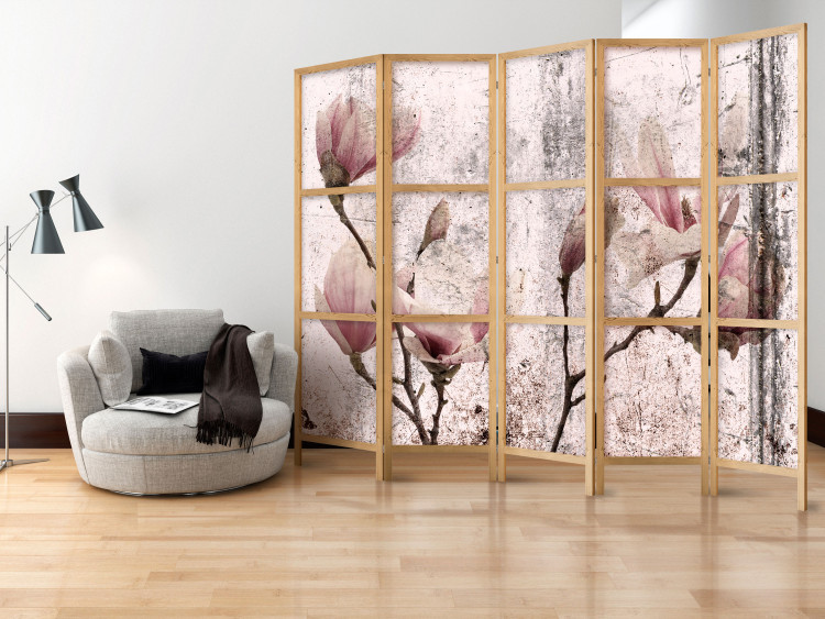 Room Divider Magnolia Curtain II (5-piece) - distressed background and pink flowers 134308 additionalImage 8