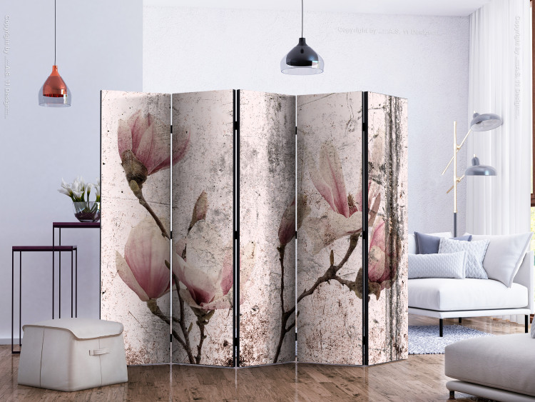 Room Divider Magnolia Curtain II (5-piece) - distressed background and pink flowers 134308 additionalImage 2