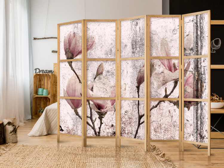 Room Divider Magnolia Curtain II (5-piece) - distressed background and pink flowers 134308 additionalImage 6