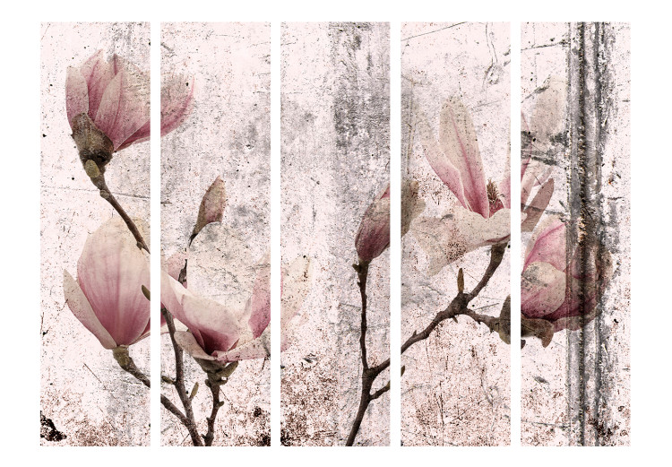 Room Divider Magnolia Curtain II (5-piece) - distressed background and pink flowers 134308 additionalImage 3