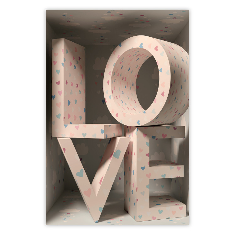 Wall Poster Love in Hearts - texts in heart shapes with 3D effect on a light background 135508