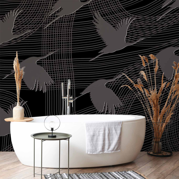 Photo Wallpaper Flying cranes - birds flying on striped dark abstract background 144608 additionalImage 8