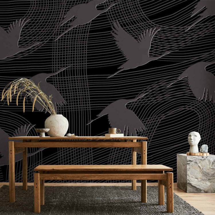 Photo Wallpaper Flying cranes - birds flying on striped dark abstract background 144608 additionalImage 6