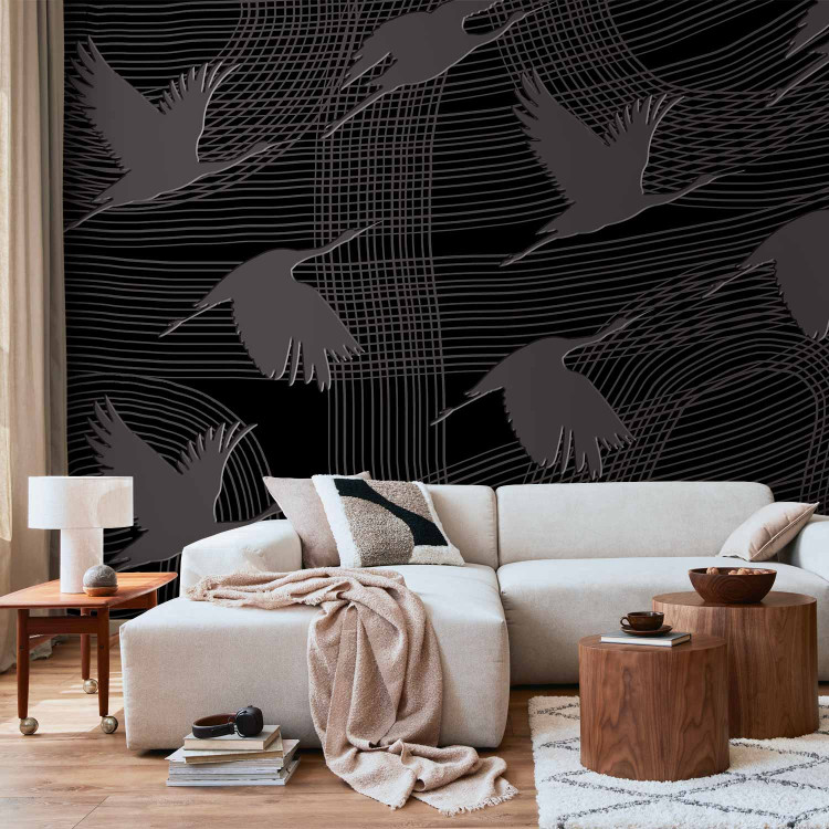 Photo Wallpaper Flying cranes - birds flying on striped dark abstract background 144608