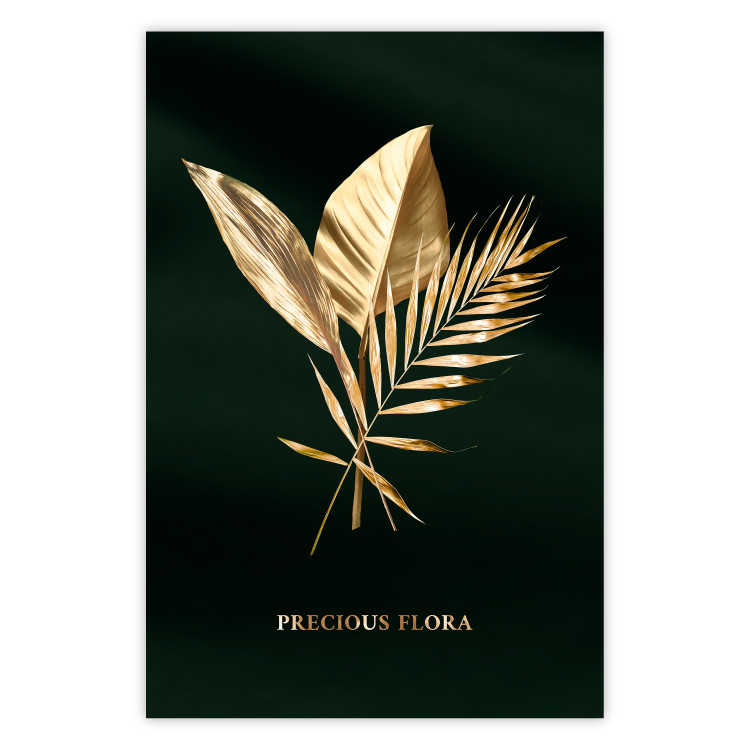 Wall Poster Precious Leaves - Illuminated Flora With an Inscription on a Dark Green Fabric 148908