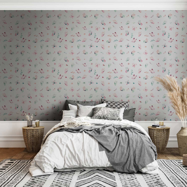Modern Wallpaper Spring - Pastel Butterflies, Flowers, Leaves and Feathers on a White Background 149908 additionalImage 4