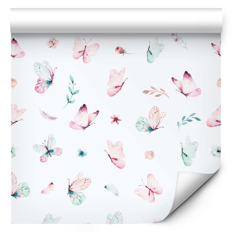 Modern Wallpaper Spring - Pastel Butterflies, Flowers, Leaves and Feathers on a White Background 149908 additionalImage 1