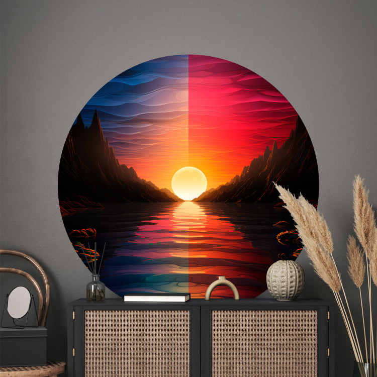 Round wallpaper Orange Sunset - The Sun Setting Behind a Mountain River 151608