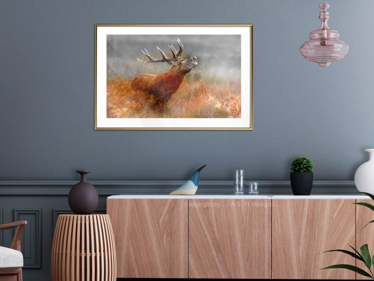 Poster Roaring Deer - woodland animal against an autumnal field landscape 114418 additionalImage 15