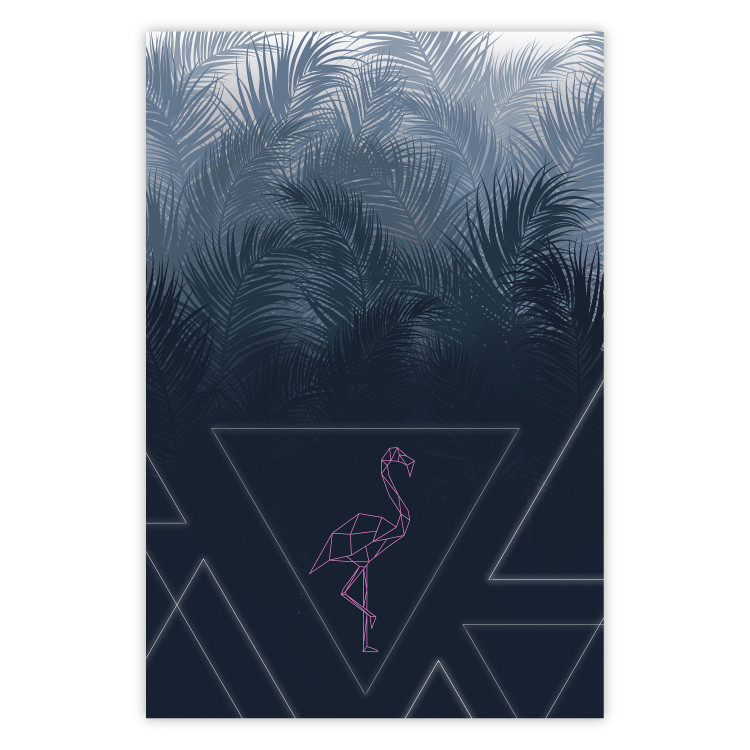 Poster Geometric Bird - abstraction with a flamingo and dark-colored leaves 115318