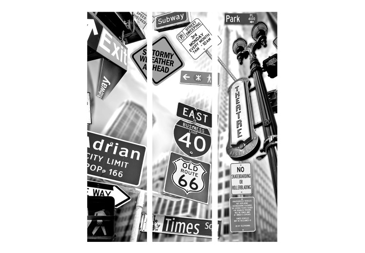 Room Divider Roads to Manhattan (3-piece) - black and white road signs and city 124218 additionalImage 3