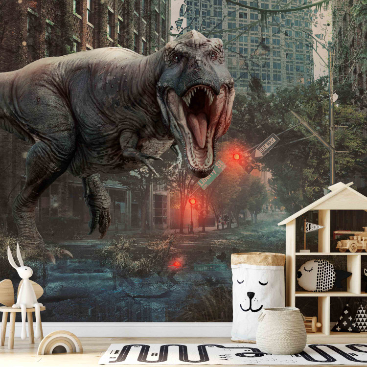 Photo Wallpaper Fantasy motif - dinosaur surrounded by dilapidated city architecture 125118 additionalImage 6