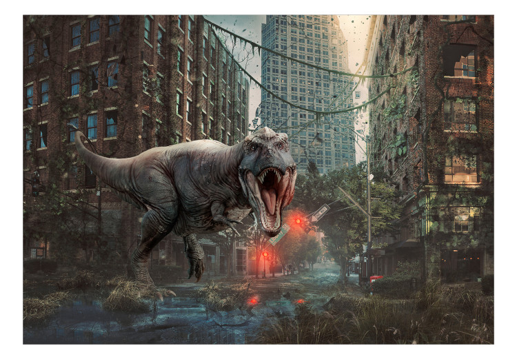 Photo Wallpaper Fantasy motif - dinosaur surrounded by dilapidated city architecture 125118 additionalImage 1