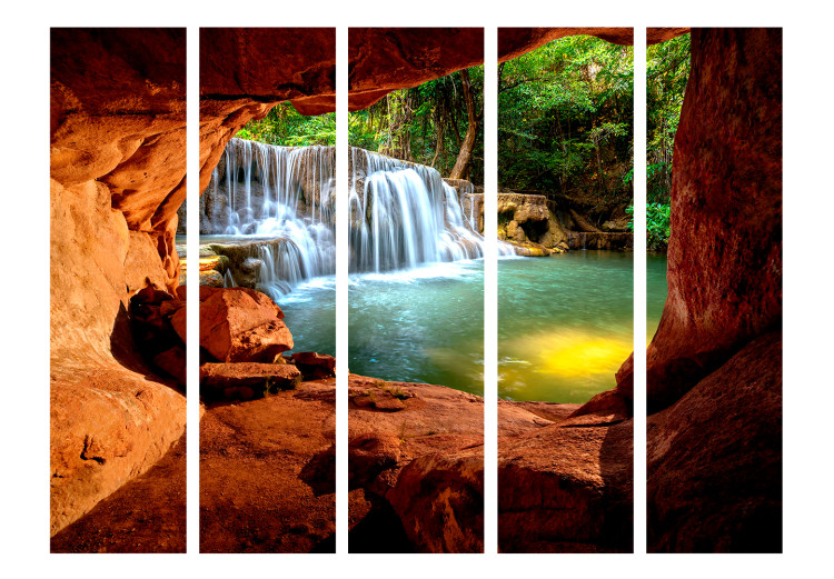 Folding Screen Cave: Forest Waterfall II (5-piece) - view from rocks to nature 132918 additionalImage 3
