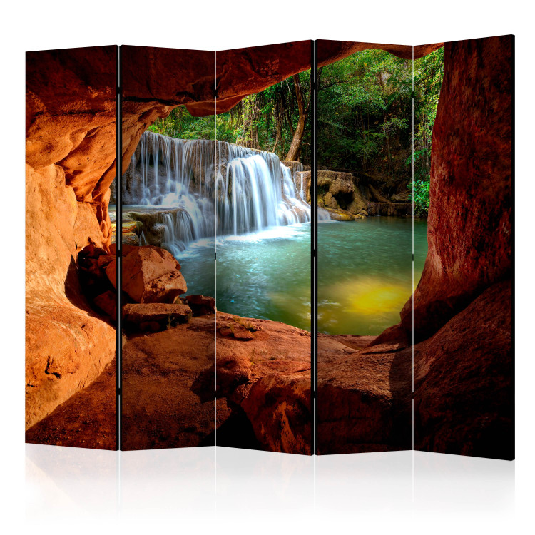 Folding Screen Cave: Forest Waterfall II (5-piece) - view from rocks to nature 132918