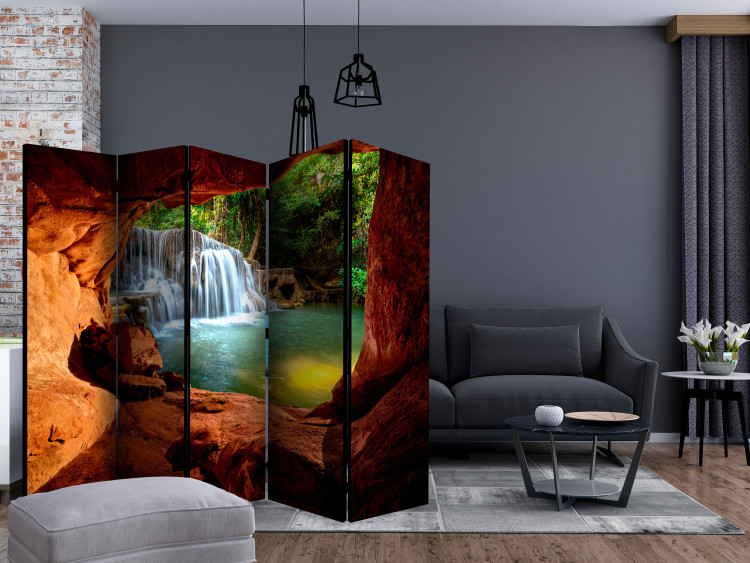 Folding Screen Cave: Forest Waterfall II (5-piece) - view from rocks to nature 132918 additionalImage 4