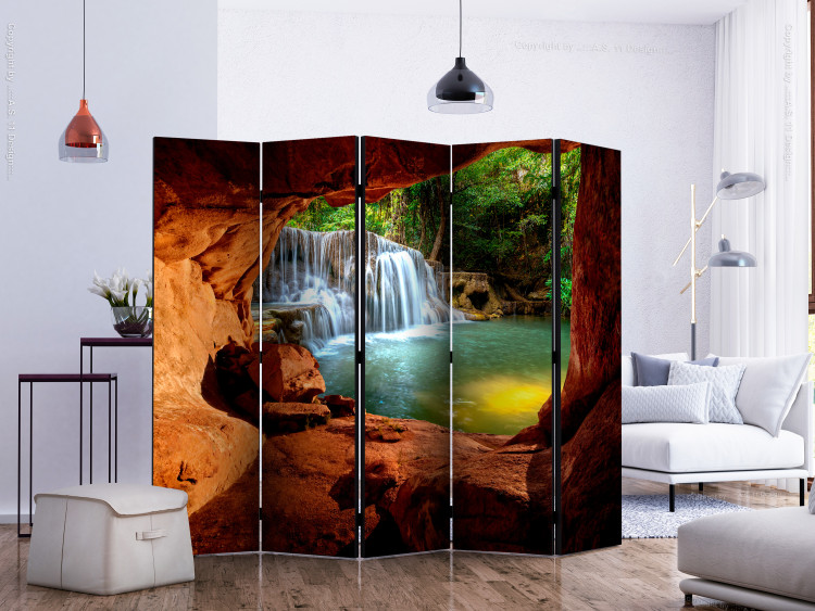 Folding Screen Cave: Forest Waterfall II (5-piece) - view from rocks to nature 132918 additionalImage 2