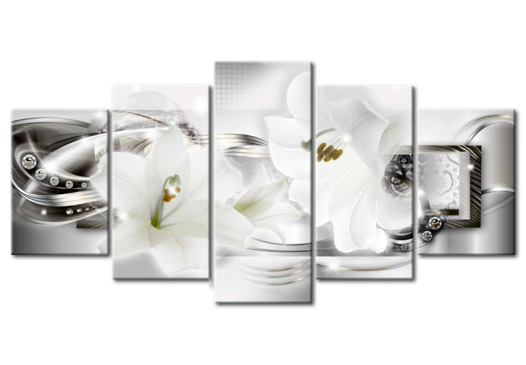 Canvas Art Print Diamond Glow of Lilies (5-piece) - Flowers on a Silver Abstract Background 93118