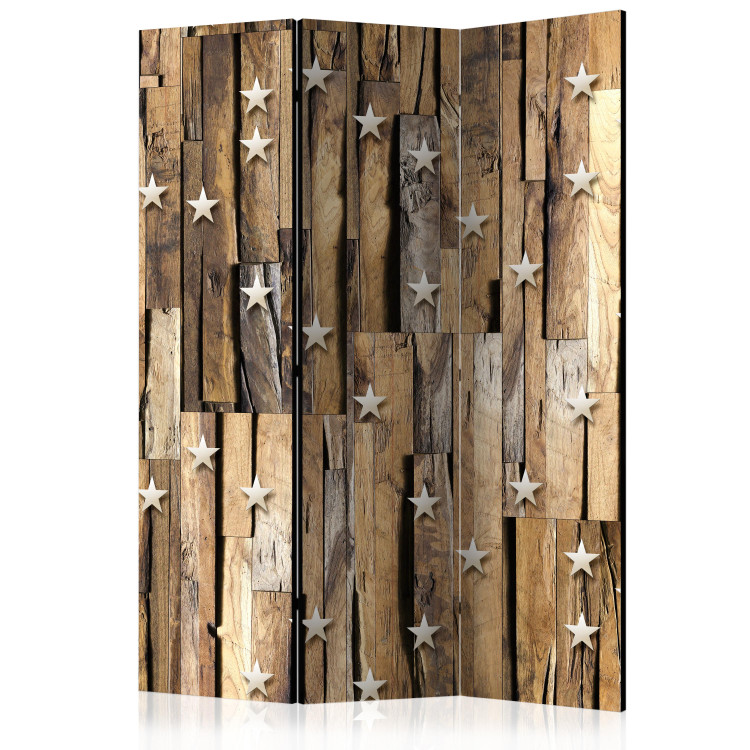 Room Divider Screen Wooden Constellation - metal stars on a brown wooden background 95618