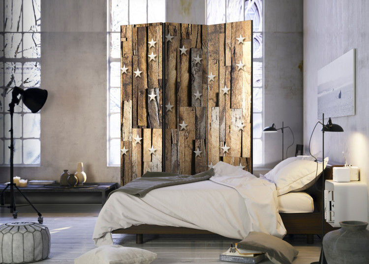 Room Divider Screen Wooden Constellation - metal stars on a brown wooden background 95618 additionalImage 4