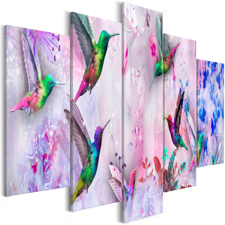 Canvas Art Print Colorful Hummingbirds (5-part) Wide Purple - Birds and Flowers 108028 additionalImage 2
