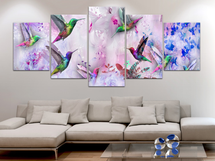 Canvas Art Print Colorful Hummingbirds (5-part) Wide Purple - Birds and Flowers 108028 additionalImage 3