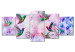 Canvas Art Print Colorful Hummingbirds (5-part) Wide Purple - Birds and Flowers 108028