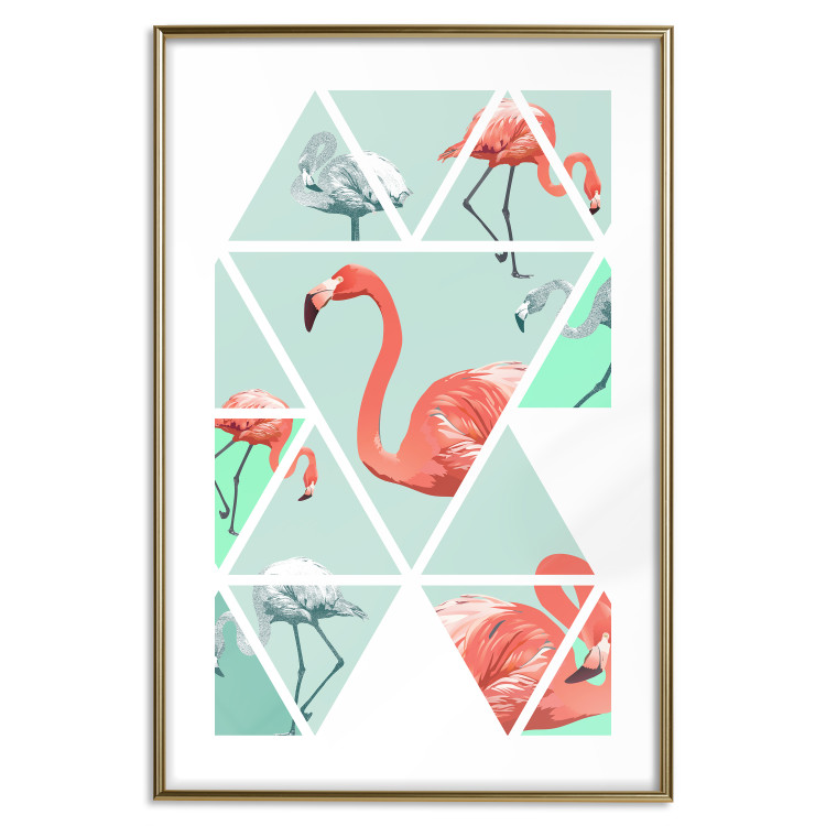 Poster Geometric flamingos - pink birds and triangles in shades of green 114328 additionalImage 18