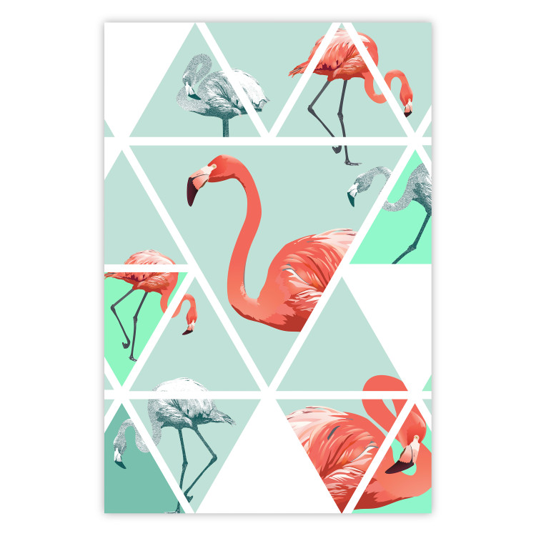 Poster Geometric flamingos - pink birds and triangles in shades of green 114328