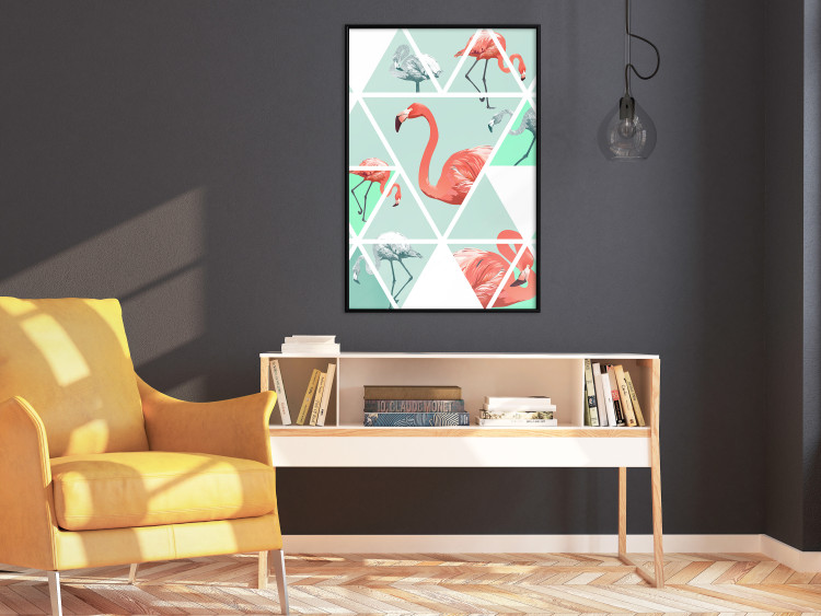 Poster Geometric flamingos - pink birds and triangles in shades of green 114328 additionalImage 4