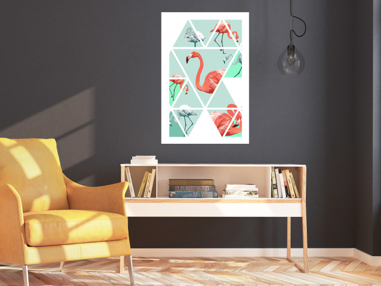 Poster Geometric flamingos - pink birds and triangles in shades of green 114328 additionalImage 3
