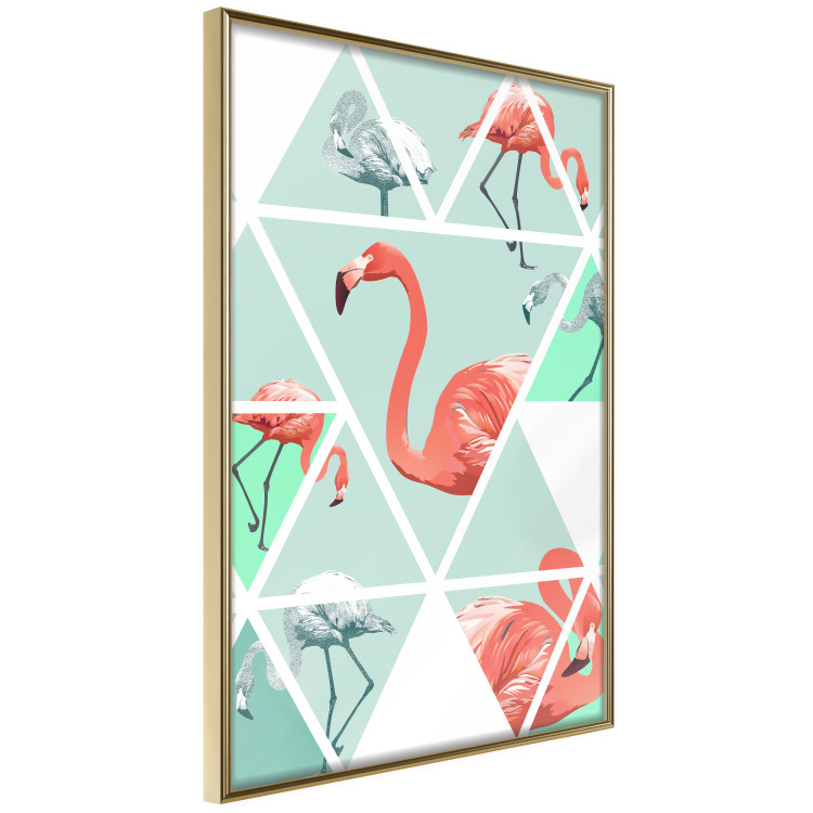 Poster Geometric flamingos - pink birds and triangles in shades of green 114328 additionalImage 12