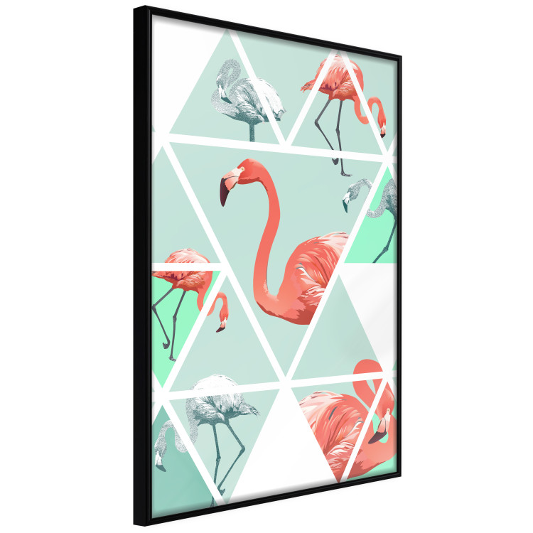 Poster Geometric flamingos - pink birds and triangles in shades of green 114328 additionalImage 11