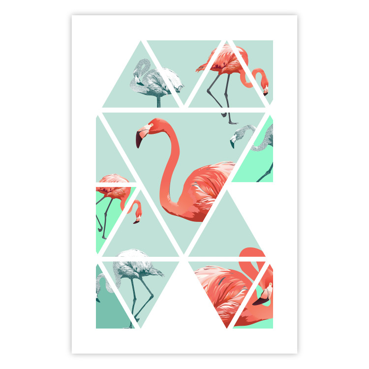 Poster Geometric flamingos - pink birds and triangles in shades of green 114328 additionalImage 16