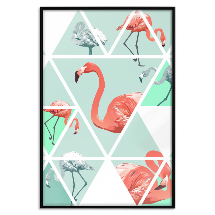 Poster Geometric flamingos - pink birds and triangles in shades of green 114328 additionalImage 14
