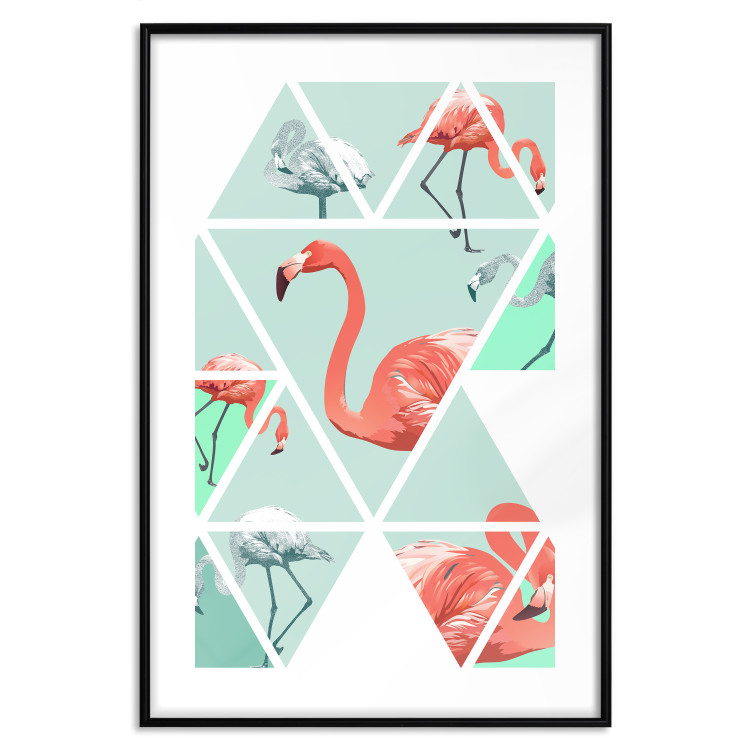 Poster Geometric flamingos - pink birds and triangles in shades of green 114328 additionalImage 17