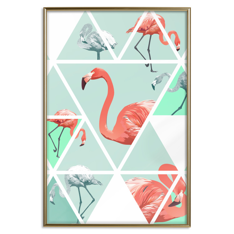 Poster Geometric flamingos - pink birds and triangles in shades of green 114328 additionalImage 15