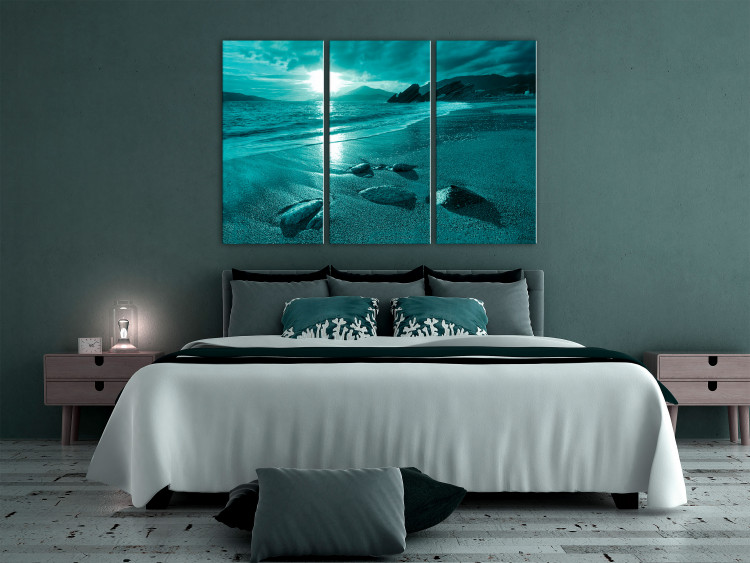 Canvas Art Print Sunset in turquoise - a three-part landscape with sea and mountains 125028 additionalImage 3