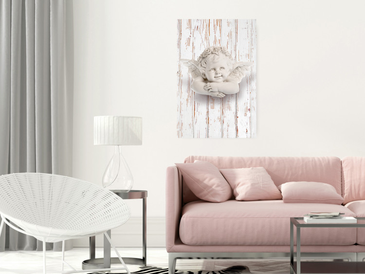 Poster Happy Dawn - sculpture of an angel on a white wooden texture background 125228 additionalImage 23