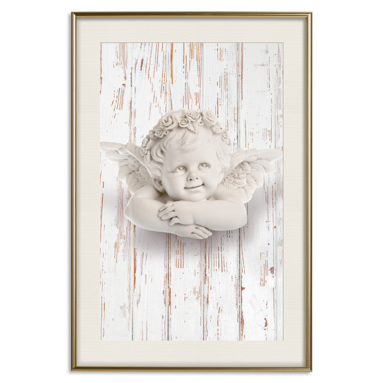 Poster Happy Dawn - sculpture of an angel on a white wooden texture background 125228 additionalImage 19