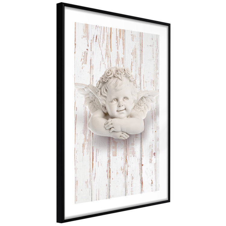 Poster Happy Dawn - sculpture of an angel on a white wooden texture background 125228 additionalImage 11