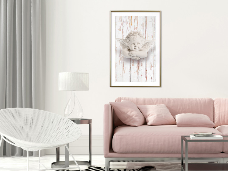 Poster Happy Dawn - sculpture of an angel on a white wooden texture background 125228 additionalImage 13