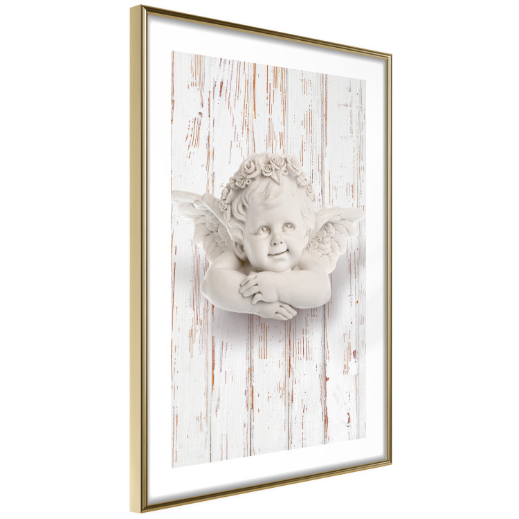 Poster Happy Dawn - sculpture of an angel on a white wooden texture background 125228 additionalImage 8