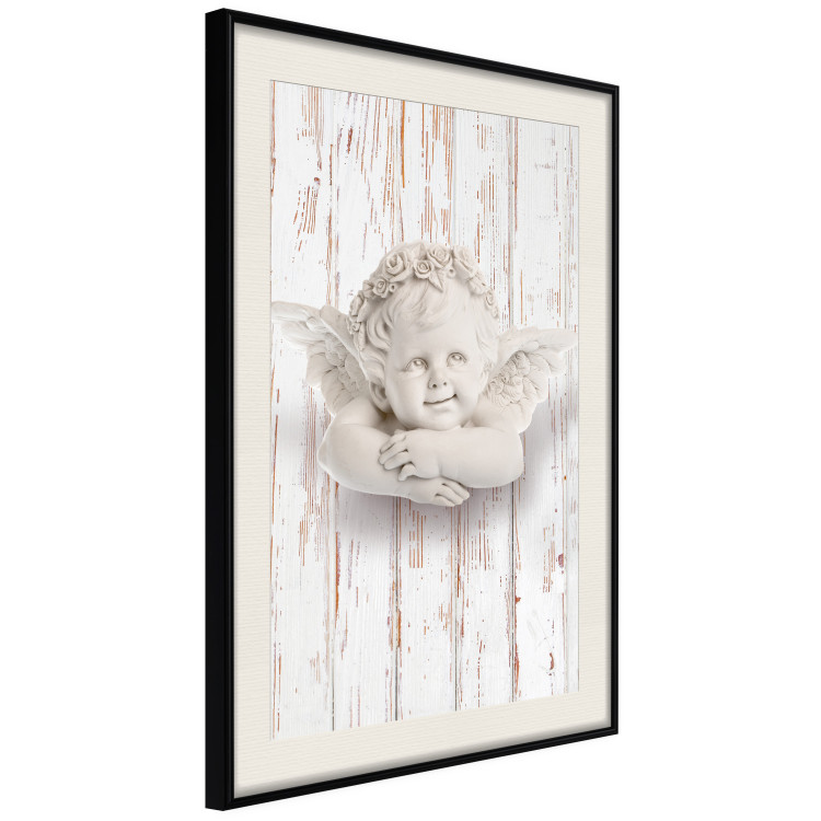 Poster Happy Dawn - sculpture of an angel on a white wooden texture background 125228 additionalImage 3