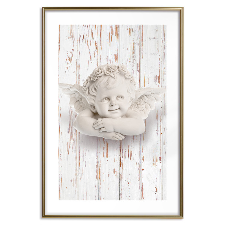 Poster Happy Dawn - sculpture of an angel on a white wooden texture background 125228 additionalImage 16