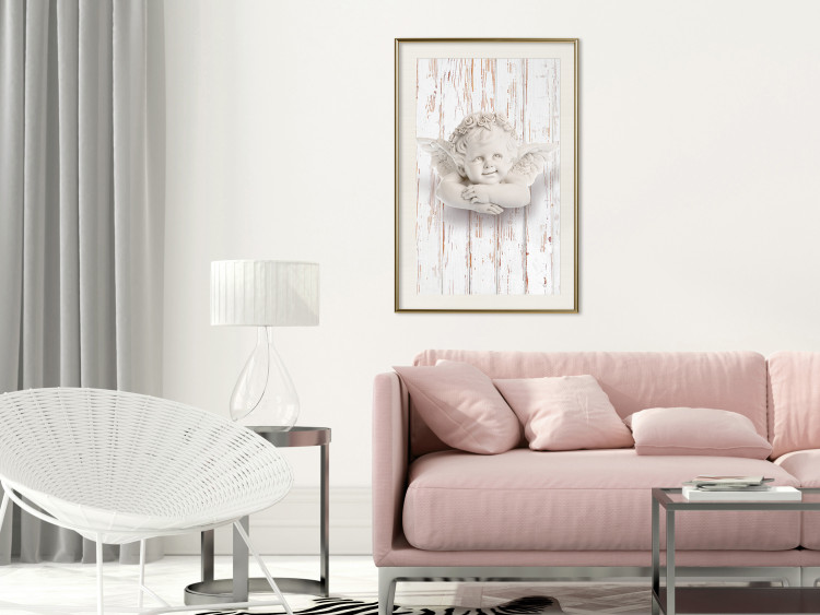 Poster Happy Dawn - sculpture of an angel on a white wooden texture background 125228 additionalImage 21