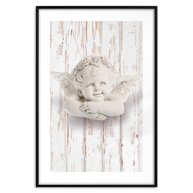 Poster Happy Dawn - sculpture of an angel on a white wooden texture background 125228 additionalImage 17
