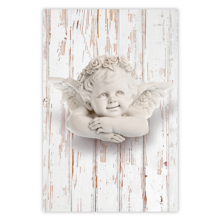 Poster Happy Dawn - sculpture of an angel on a white wooden texture background 125228