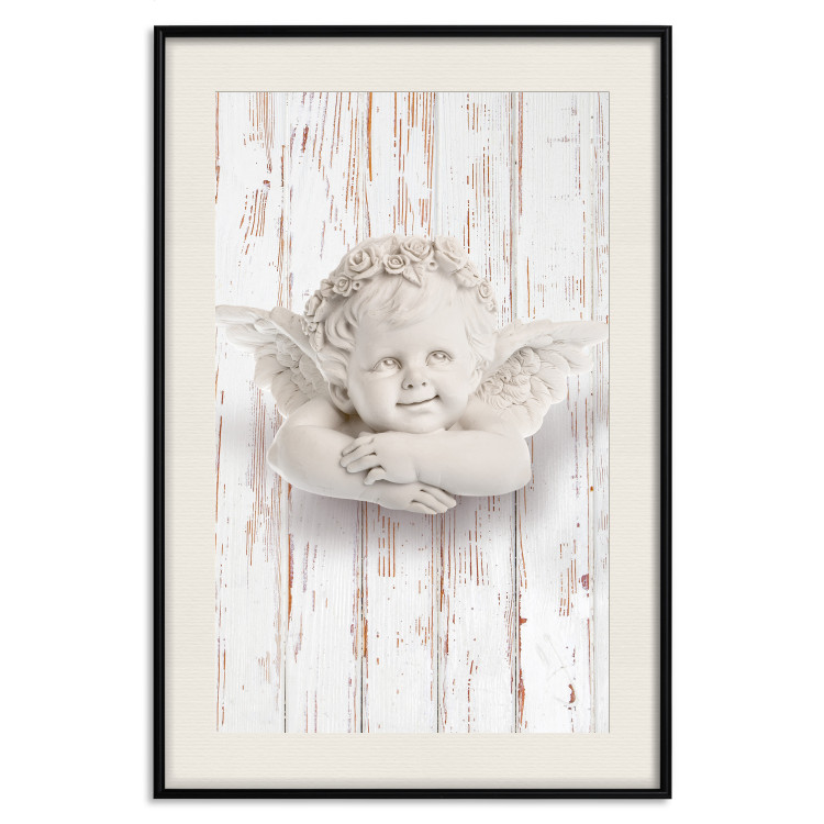 Poster Happy Dawn - sculpture of an angel on a white wooden texture background 125228 additionalImage 18
