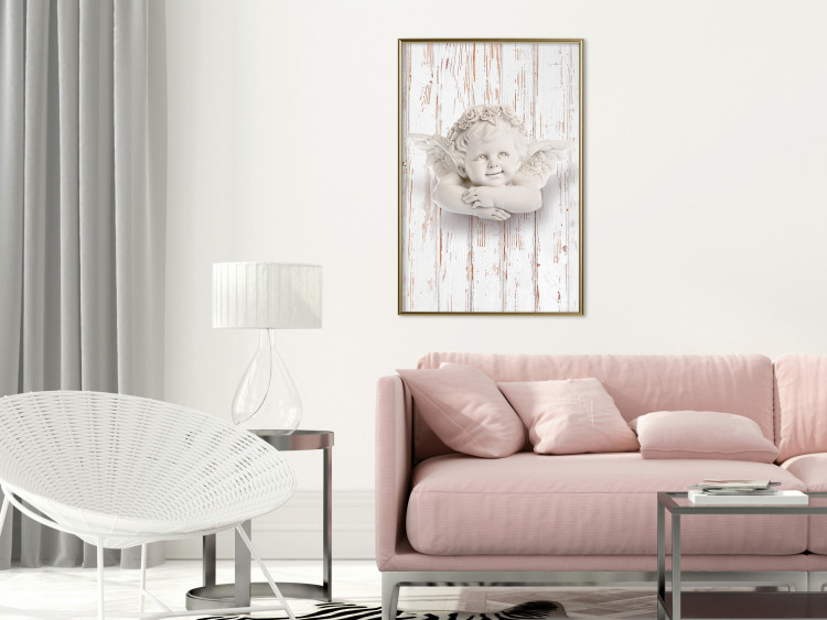 Poster Happy Dawn - sculpture of an angel on a white wooden texture background 125228 additionalImage 7